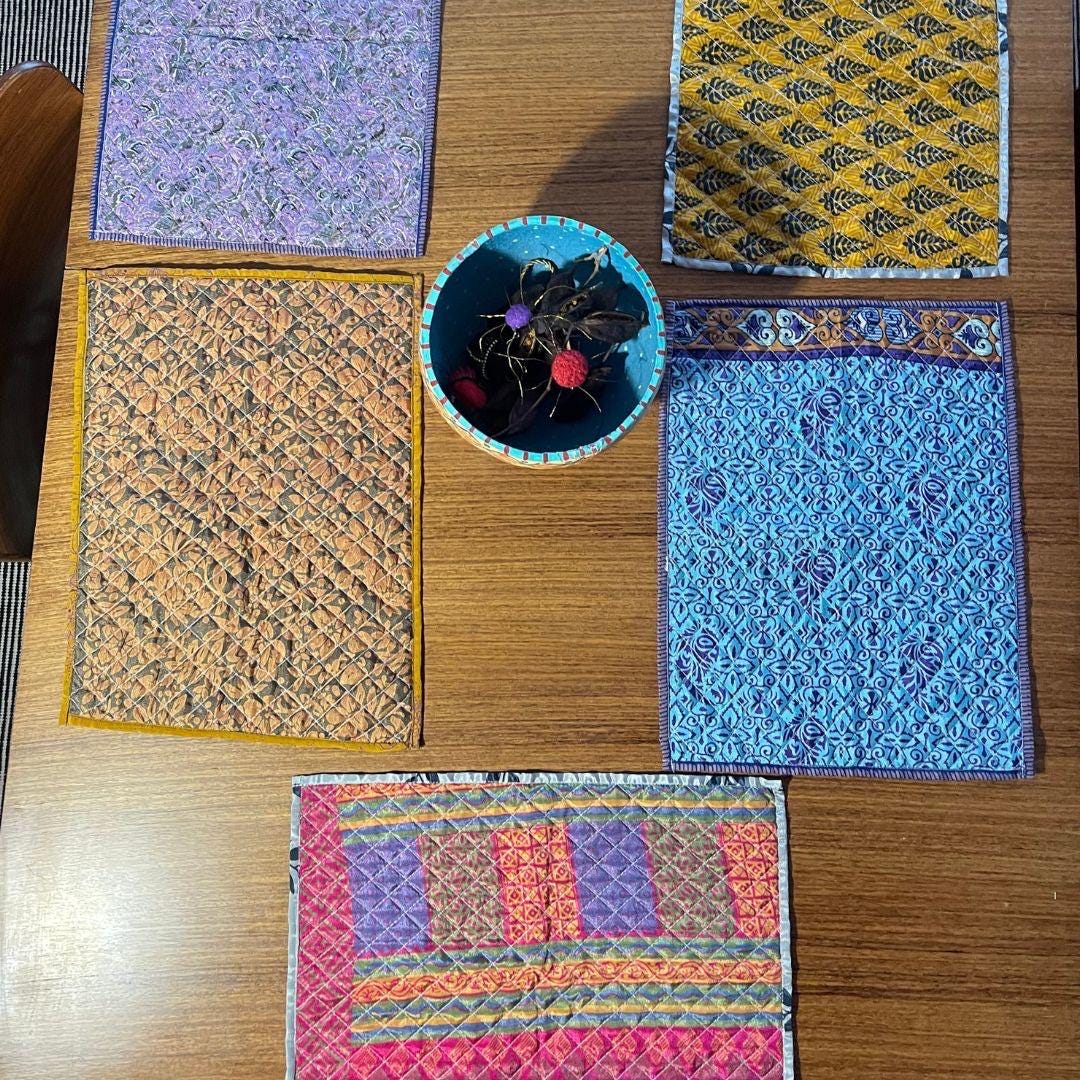 4 Recycled placemats. Eco friendly placemats made from vintage throws. Colourful home decor. Recycled place mats. Washable and colourful