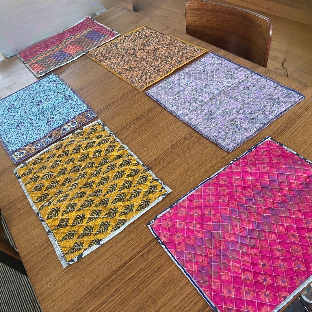 4 Recycled placemats. Eco friendly placemats made from vintage throws. Colourful home decor. Recycled place mats. Washable and colourful