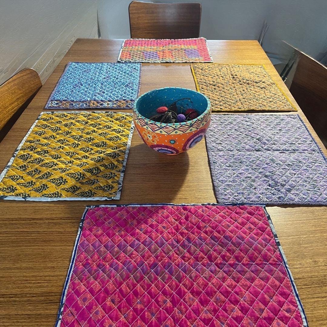 4 Recycled placemats. Eco friendly placemats made from vintage throws. Colourful home decor. Recycled place mats. Washable and colourful