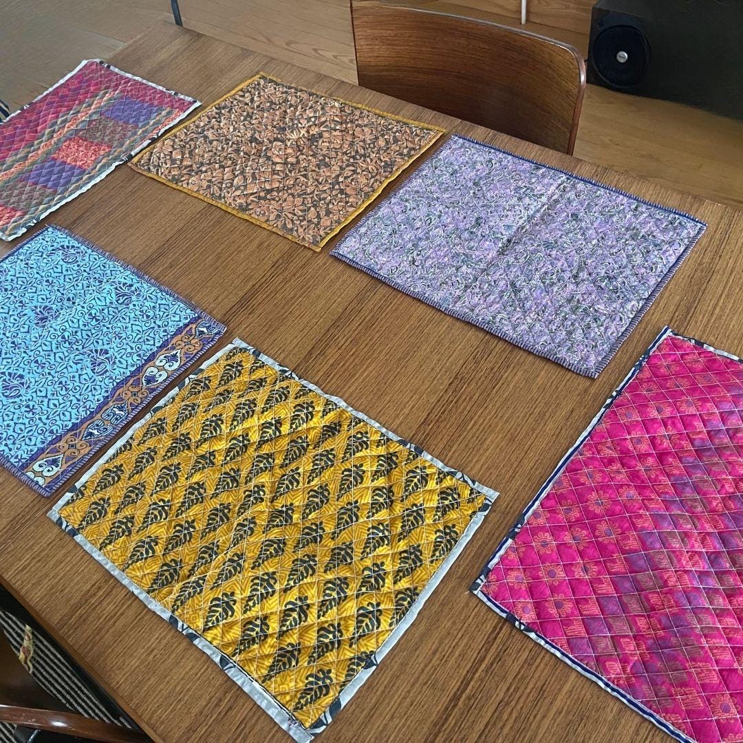 4 Recycled placemats. Eco friendly placemats made from vintage throws. Colourful home decor. Recycled place mats. Washable and colourful