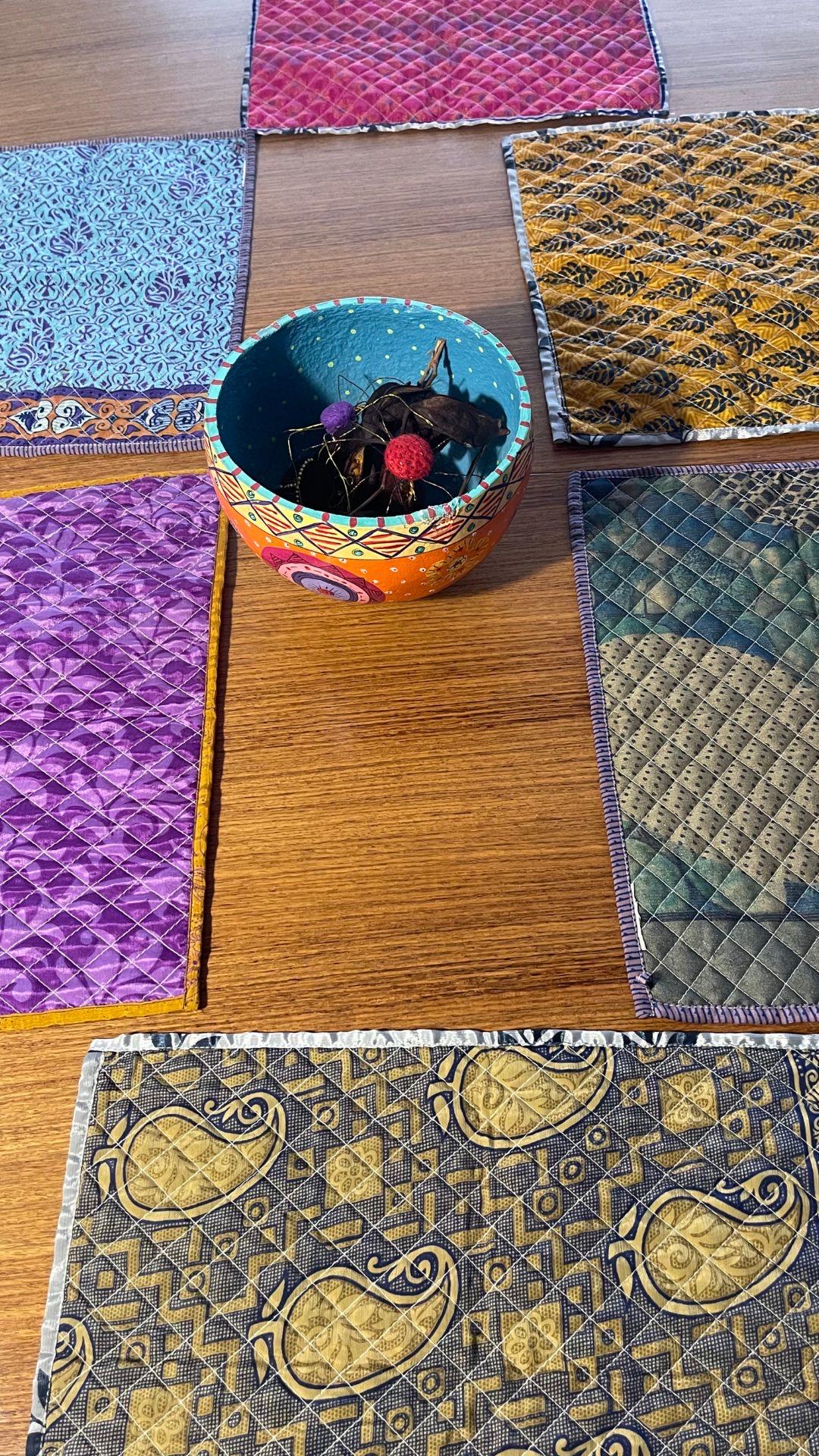 4 Recycled placemats. Eco friendly placemats made from vintage throws. Colourful home decor. Recycled place mats. Washable and colourful