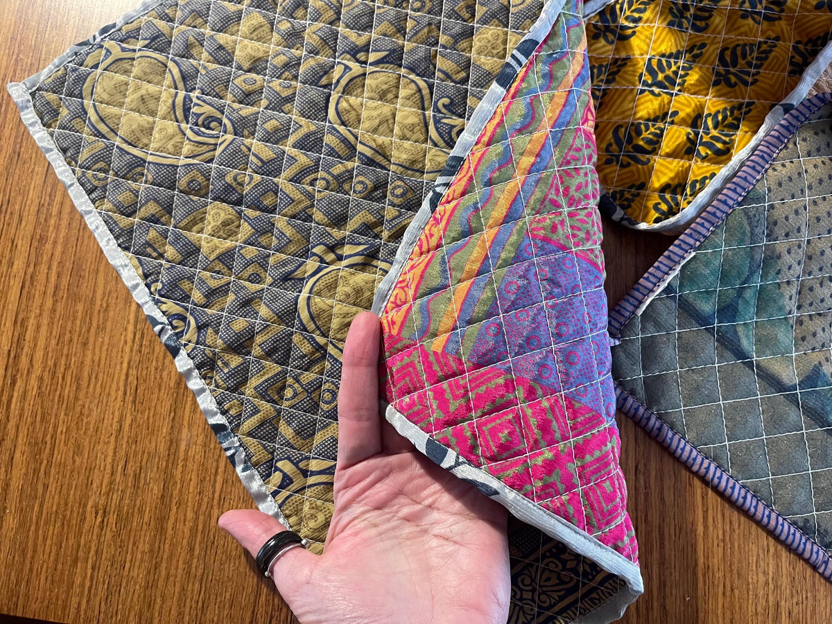 4 Recycled placemats. Eco friendly placemats made from vintage throws. Colourful home decor. Recycled place mats. Washable and colourful