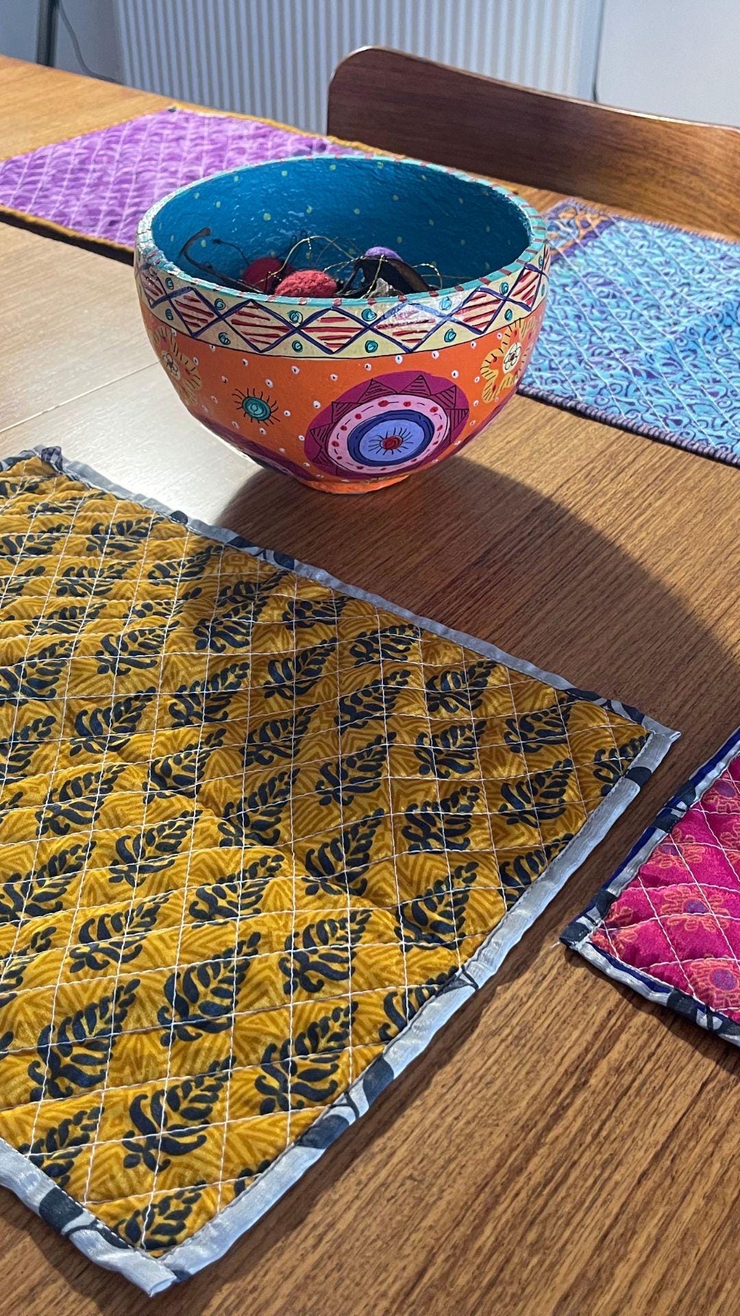 4 Recycled placemats. Eco friendly placemats made from vintage throws. Colourful home decor. Recycled place mats. Washable and colourful