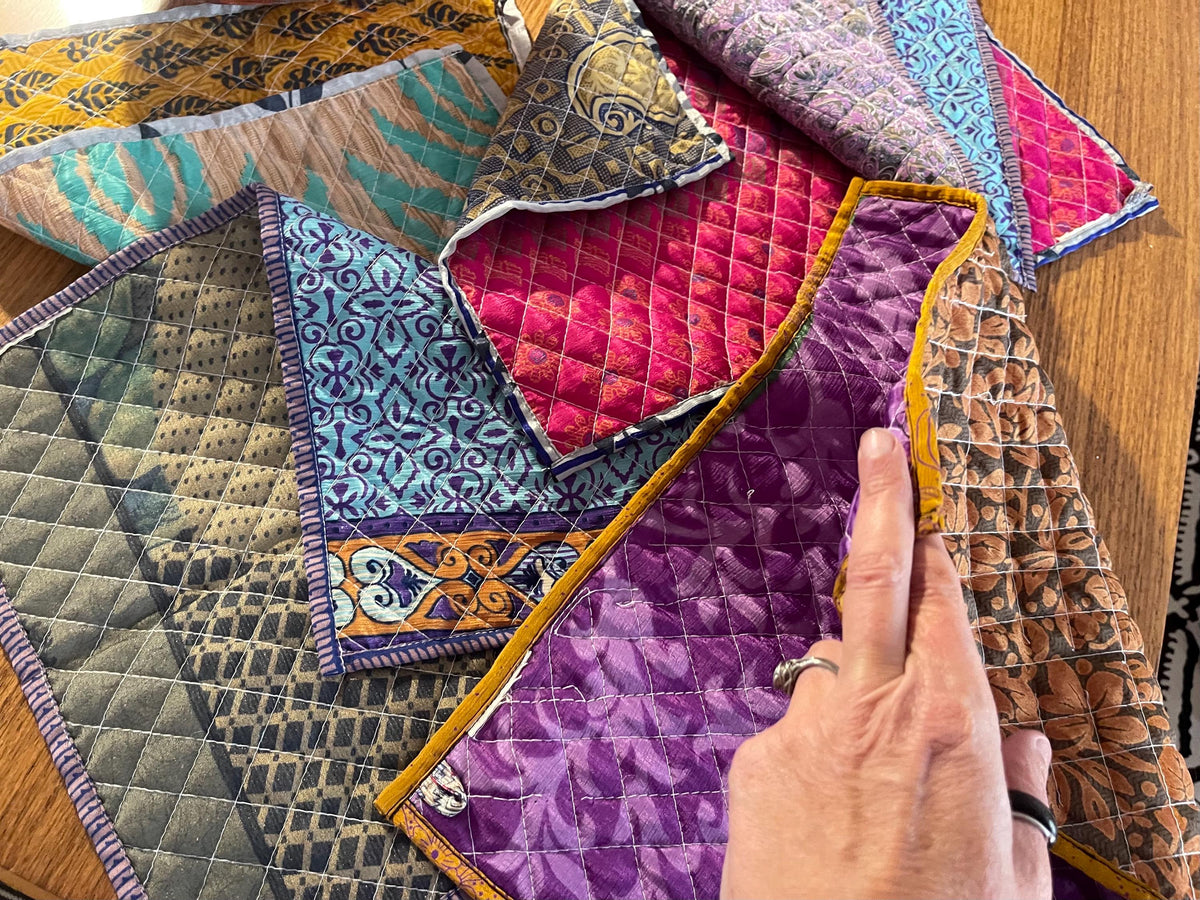 4 Recycled placemats. Eco friendly placemats made from vintage throws. Colourful home decor. Recycled place mats. Washable and colourful