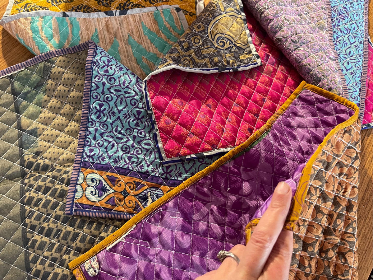 4 Recycled placemats. Eco friendly placemats made from vintage throws. Colourful home decor. Recycled place mats. Washable and colourful