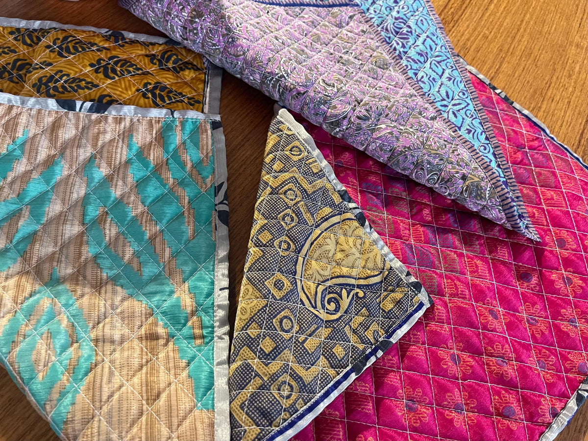 4 Recycled placemats. Eco friendly placemats made from vintage throws. Colourful home decor. Recycled place mats. Washable and colourful