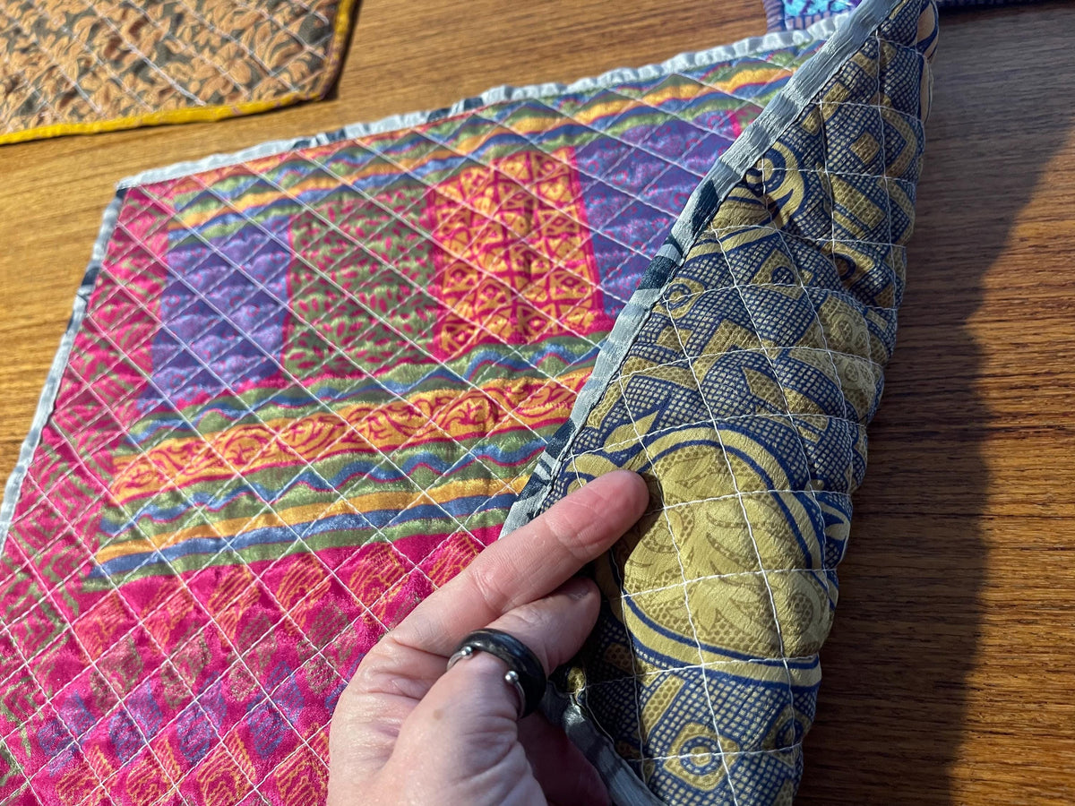 4 Recycled placemats. Eco friendly placemats made from vintage throws. Colourful home decor. Recycled place mats. Washable and colourful