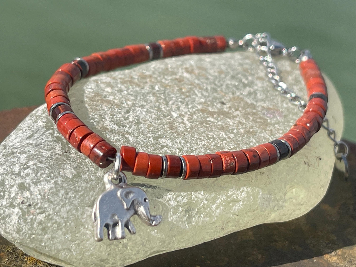 Adjustable gold and red jasper gemstone bracelet, handmade gift for him or her. Ethical jewellery, unique jewellery. Elephant bracelet.