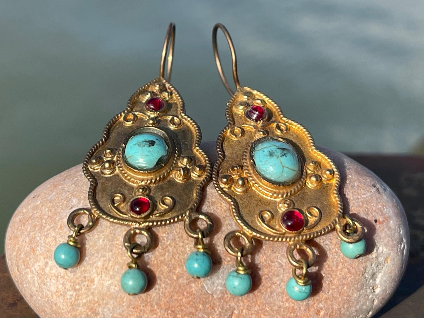 Unusual vintage jewellery, gold vintage earrings, blue jewellery, ethical jewellery, gypsy earrings, romantic gifts, eco friendly jewellery