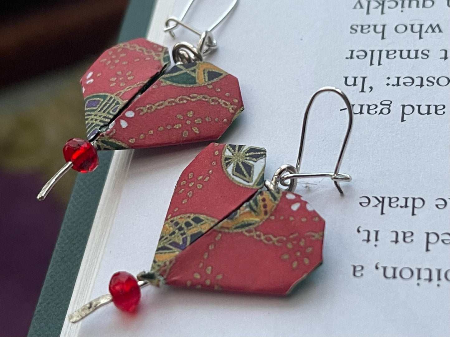 Heart origami earrings on recycled sterling silver. Eco friendly jewellery. Heart earrings. Handmade heart jewellery. Red hearts on silver