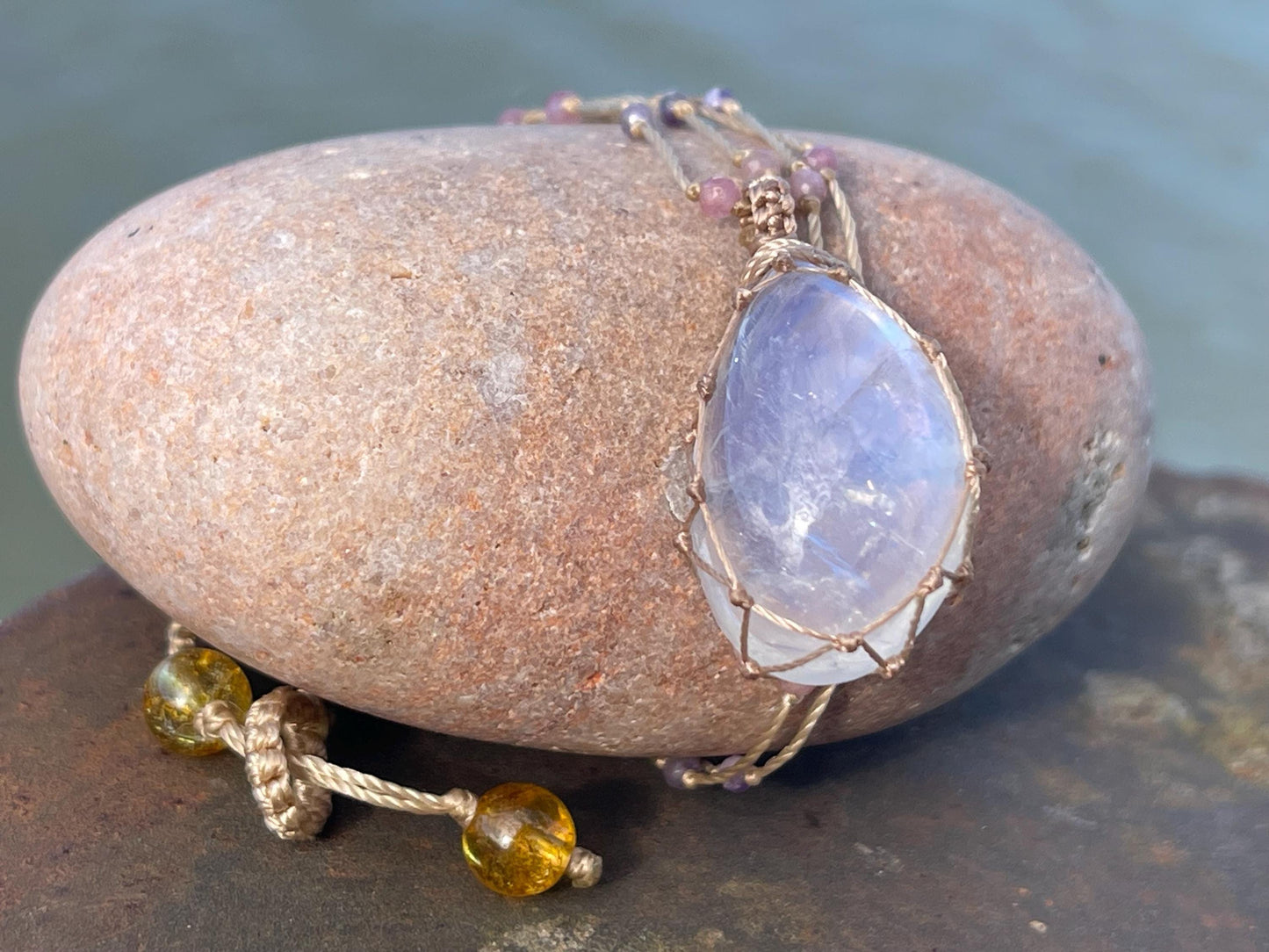 Stunning rainbow moonstone necklace, moonstone pendant, rainbow gemstone, Handmade gemstone necklace, boho gift for her. Macrame jewellery.