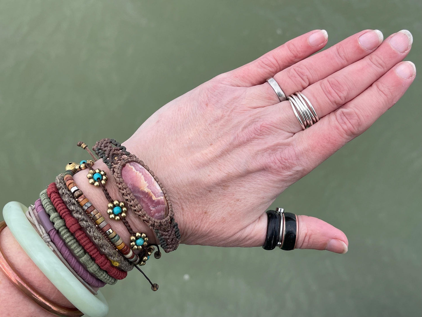 Stunning Rhodochrosite bracelet, ethical jewellery, unusual jewellery, rhodochrosite jewellery. Pink macrame bracelet. Boho jewellery.