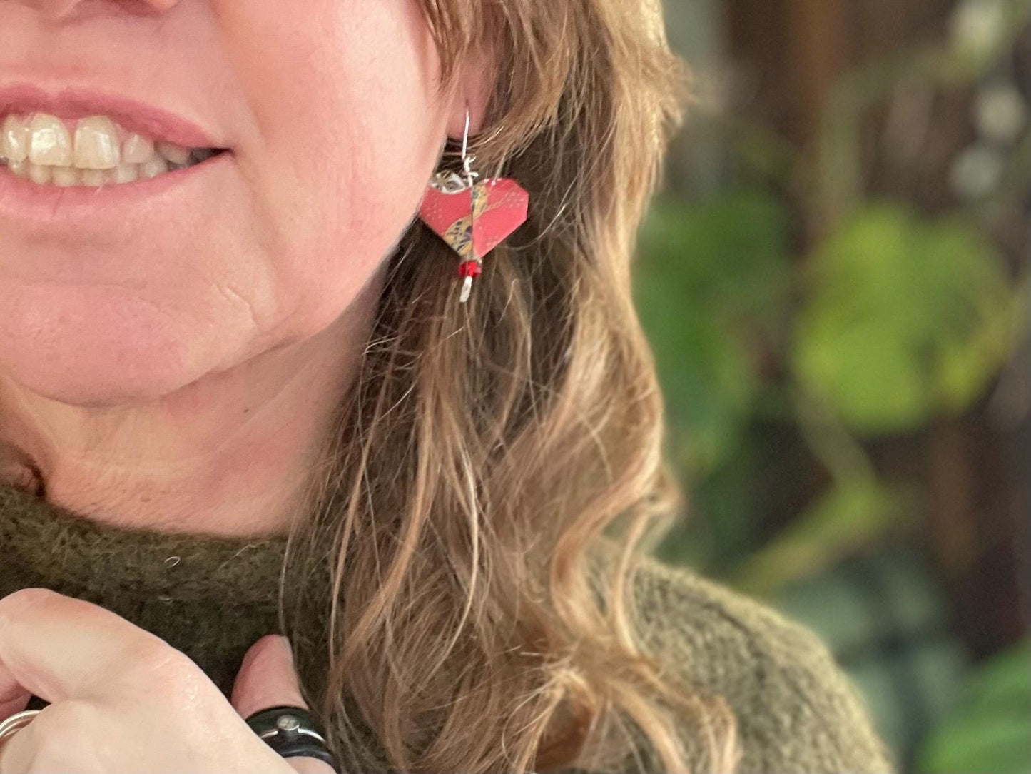 Heart origami earrings on recycled sterling silver. Eco friendly jewellery. Heart earrings. Handmade heart jewellery. Red hearts on silver
