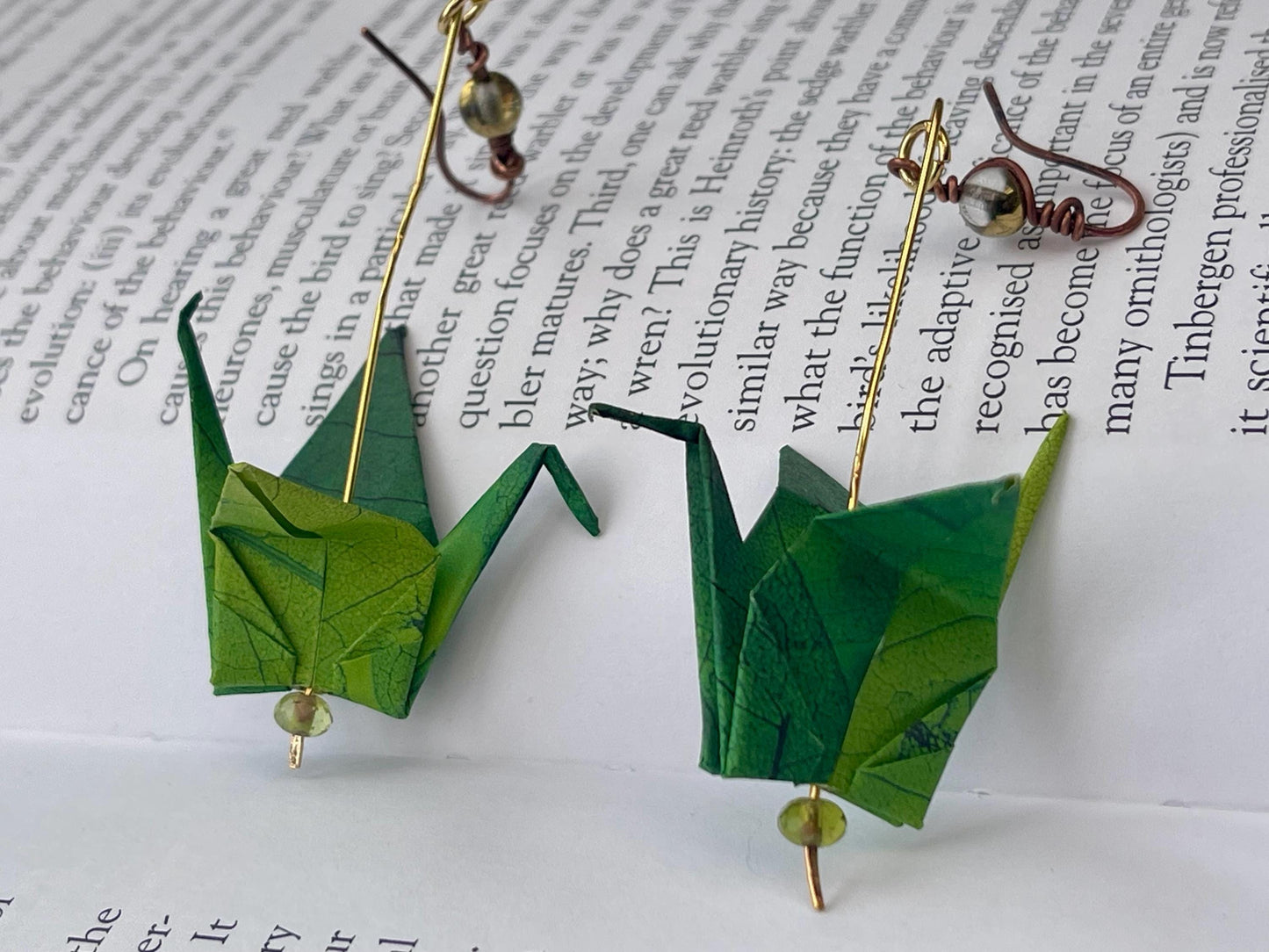 Bird origami earrings on recycled vintage beading. Eco friendly jewellery. Bird earrings. Handmade bird jewellery. Green birds. Eco gifts.