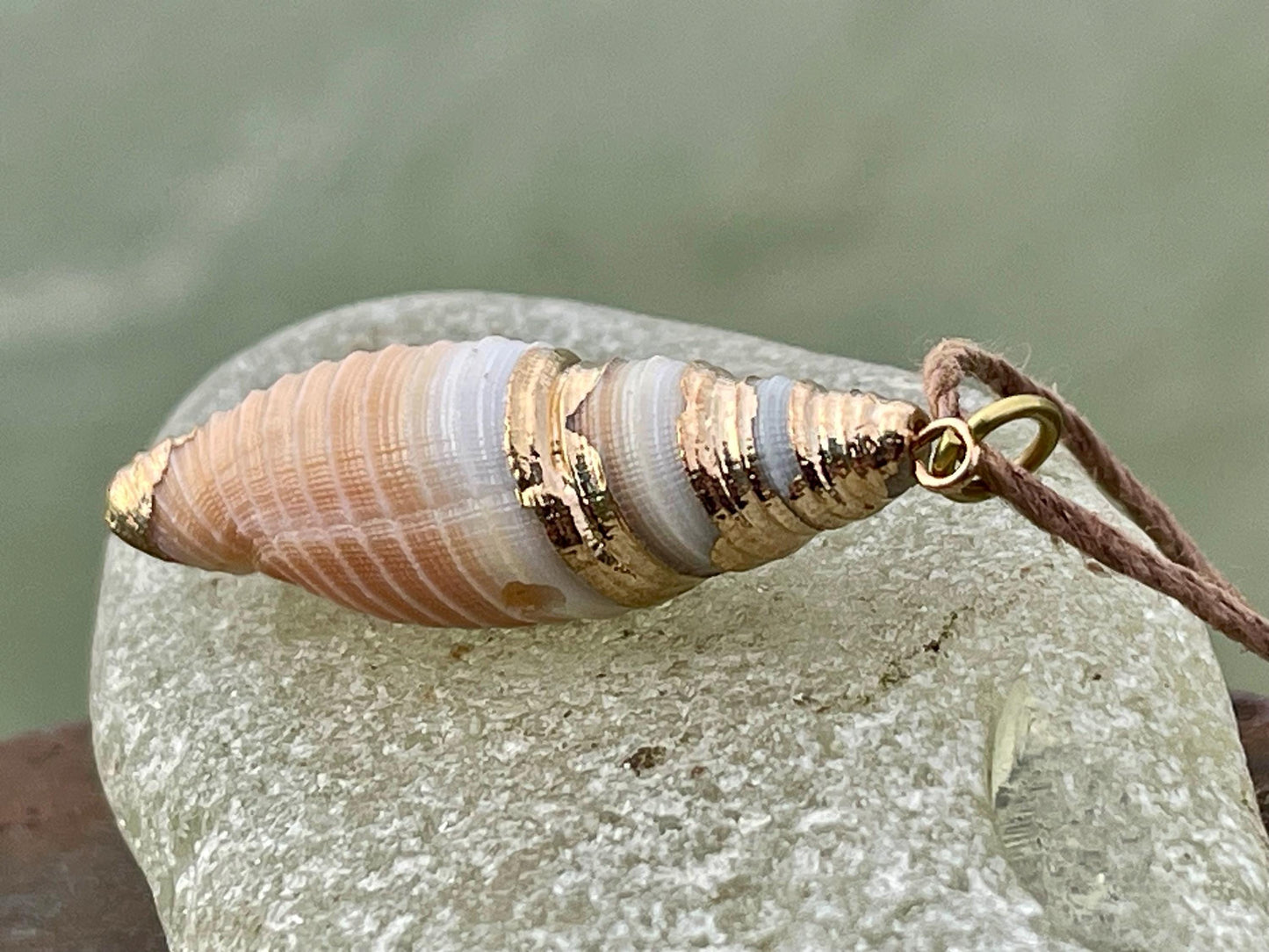 Pretty large painted gold shell necklace held on recycled brass and sustainable hemp. Shell jewellery. Boho jewellery. Eco friendly gifts.