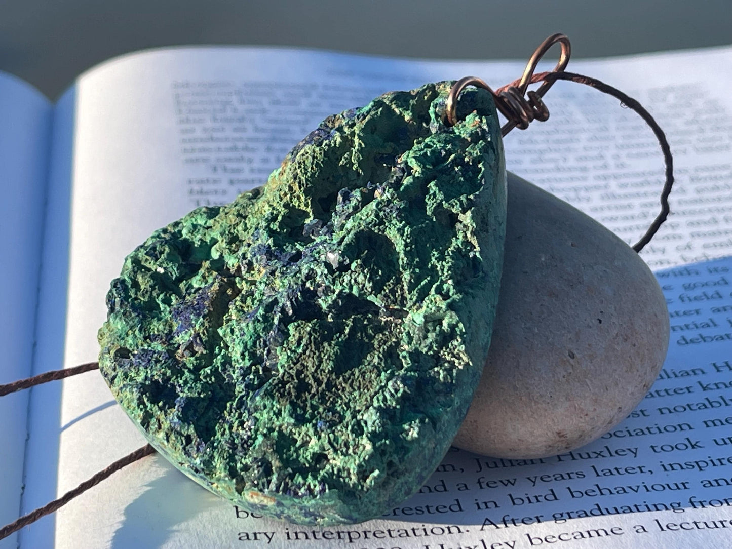Very large azurite malachite necklace wrapped in recycled copper. Ethical jewellery, large gemstone jewellery, unusual necklaces.