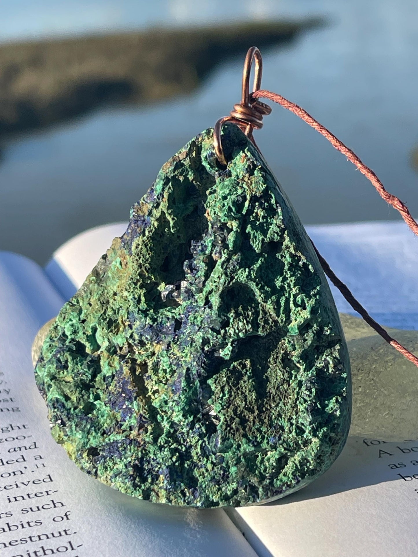 Very large azurite malachite necklace wrapped in recycled copper. Ethical jewellery, large gemstone jewellery, unusual necklaces.