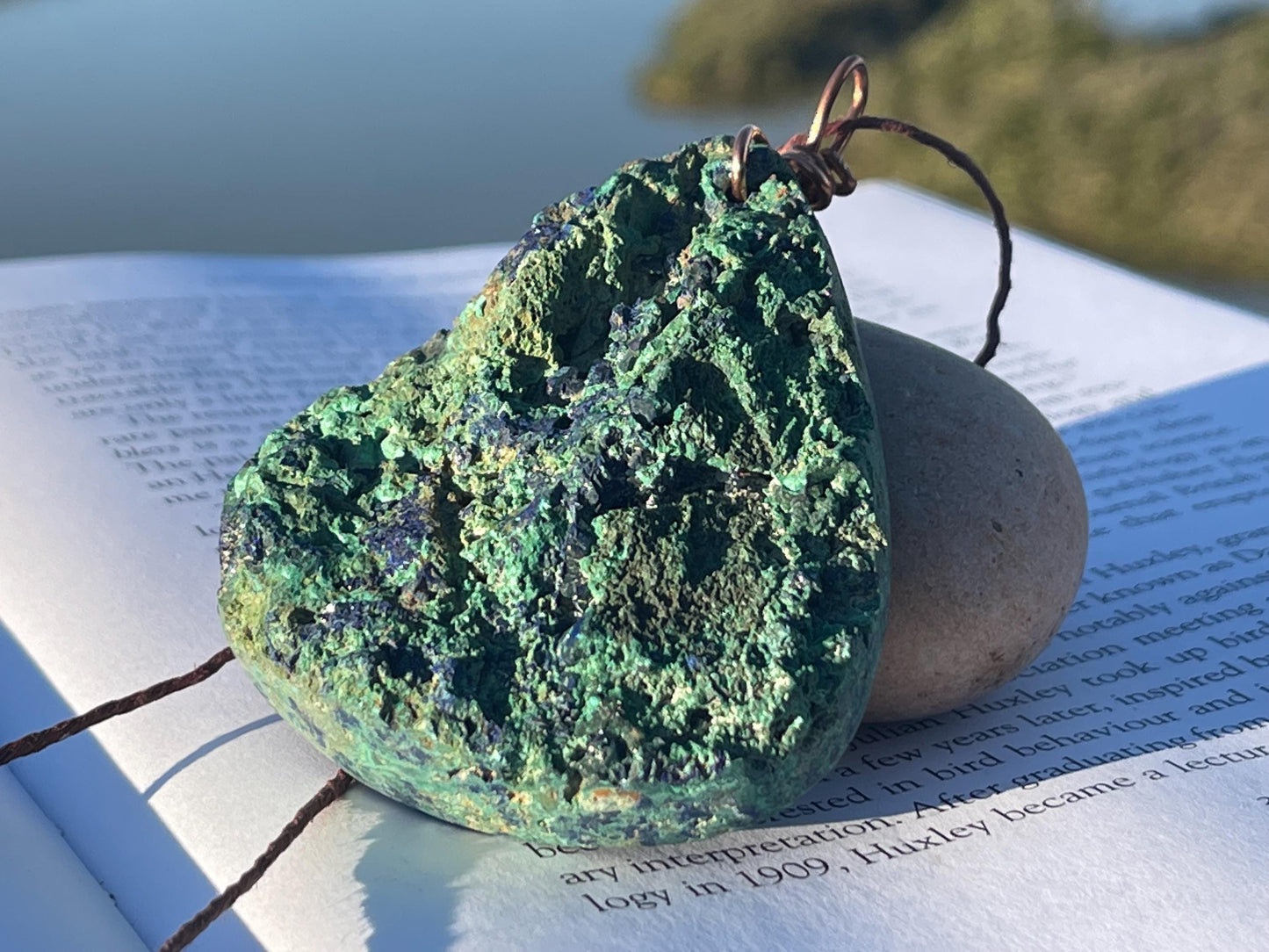 Very large azurite malachite necklace wrapped in recycled copper. Ethical jewellery, large gemstone jewellery, unusual necklaces.