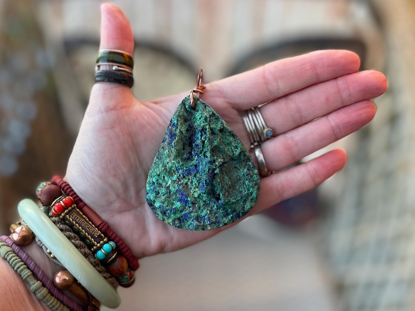 Very large azurite malachite necklace wrapped in recycled copper. Ethical jewellery, large gemstone jewellery, unusual necklaces.