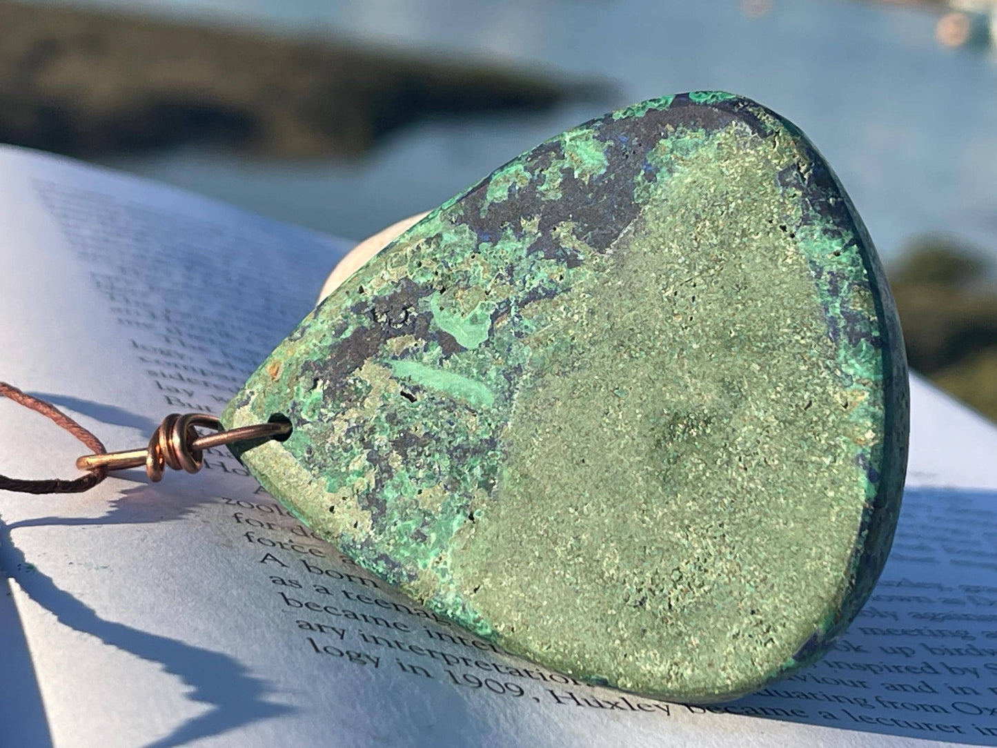 Very large azurite malachite necklace wrapped in recycled copper. Ethical jewellery, large gemstone jewellery, unusual necklaces.