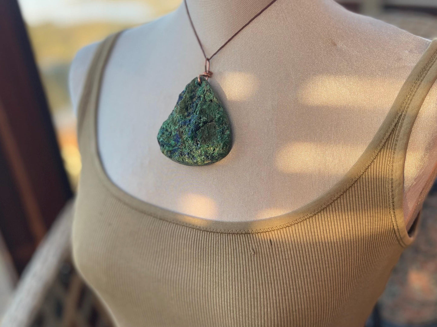 Very large azurite malachite necklace wrapped in recycled copper. Ethical jewellery, large gemstone jewellery, unusual necklaces.
