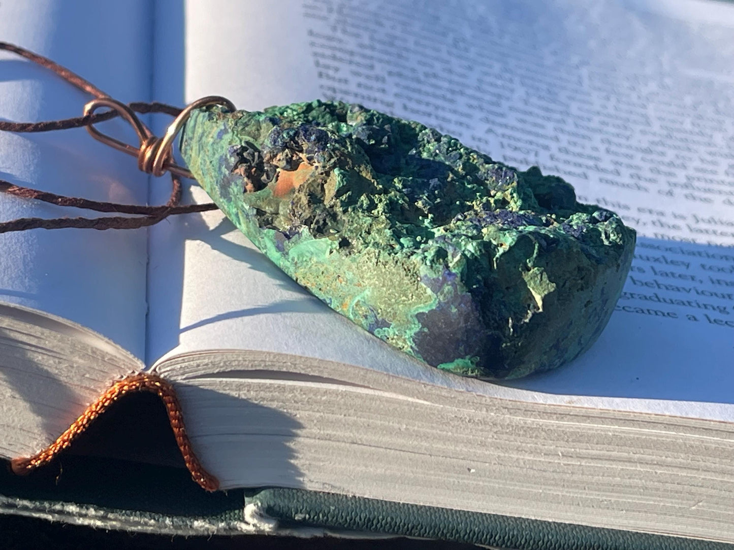 Very large azurite malachite necklace wrapped in recycled copper. Ethical jewellery, large gemstone jewellery, unusual necklaces.