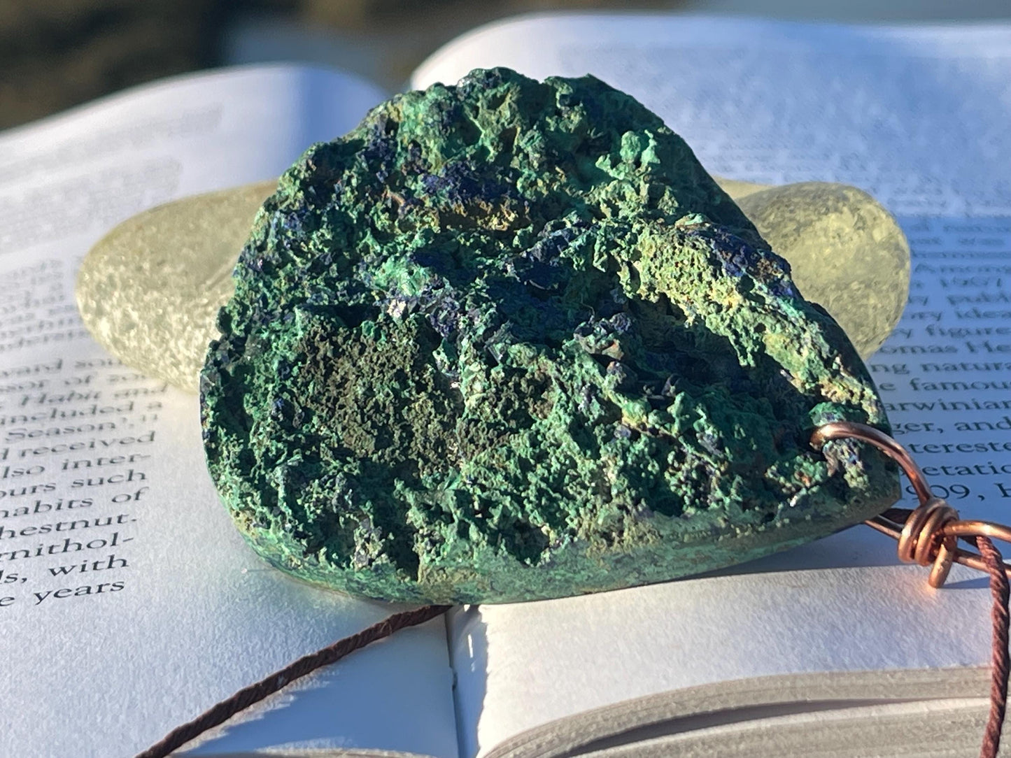 Very large azurite malachite necklace wrapped in recycled copper. Ethical jewellery, large gemstone jewellery, unusual necklaces.