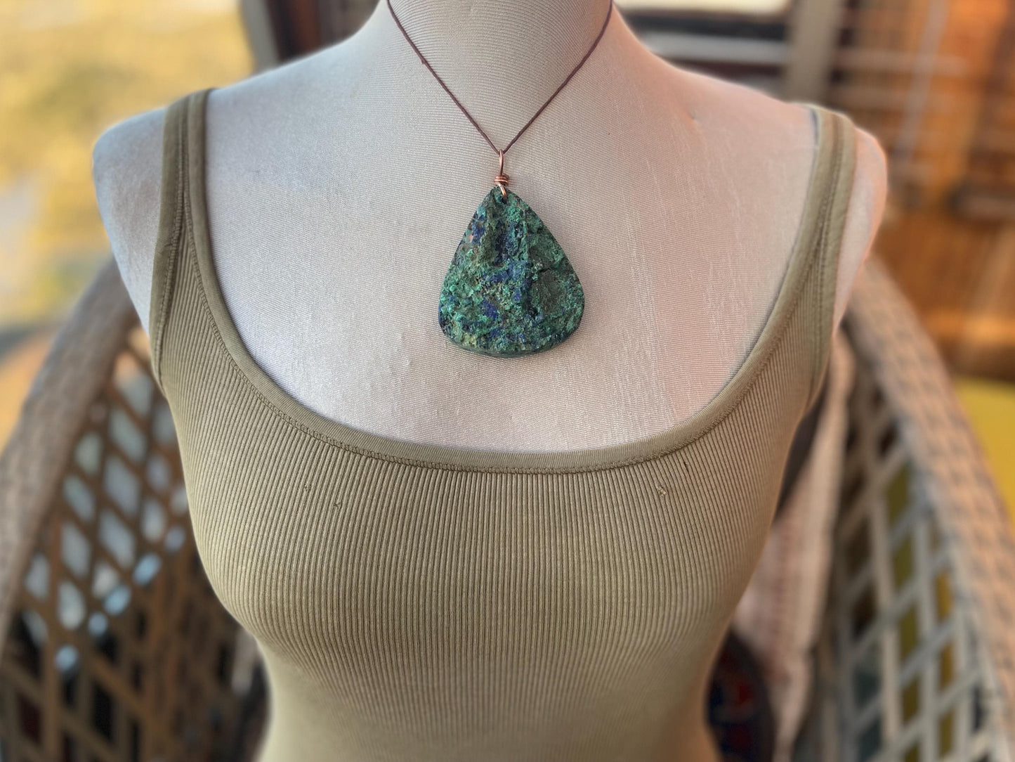 Very large azurite malachite necklace wrapped in recycled copper. Ethical jewellery, large gemstone jewellery, unusual necklaces.