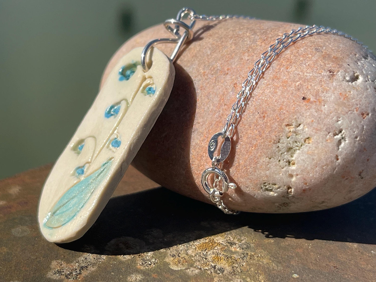 Handmade bluebell necklace. Eco friendly jewellery. Ethical pendants made with waste clay and recycled sterling silver. Ethical jewellery.