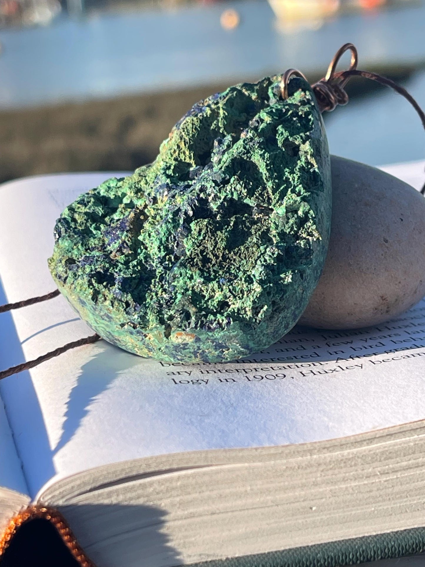 Very large azurite malachite necklace wrapped in recycled copper. Ethical jewellery, large gemstone jewellery, unusual necklaces.