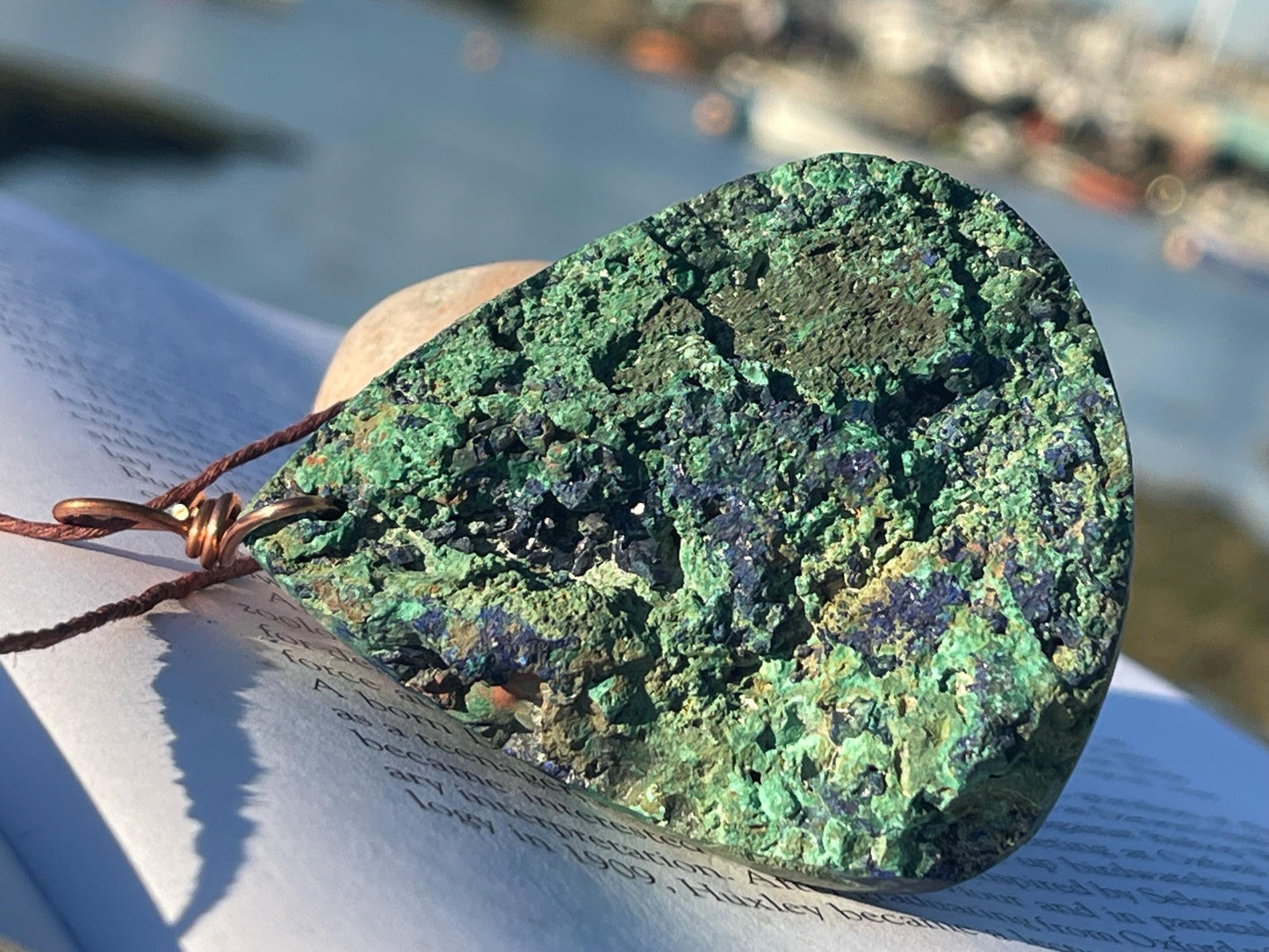 Very large azurite malachite necklace wrapped in recycled copper. Ethical jewellery, large gemstone jewellery, unusual necklaces.