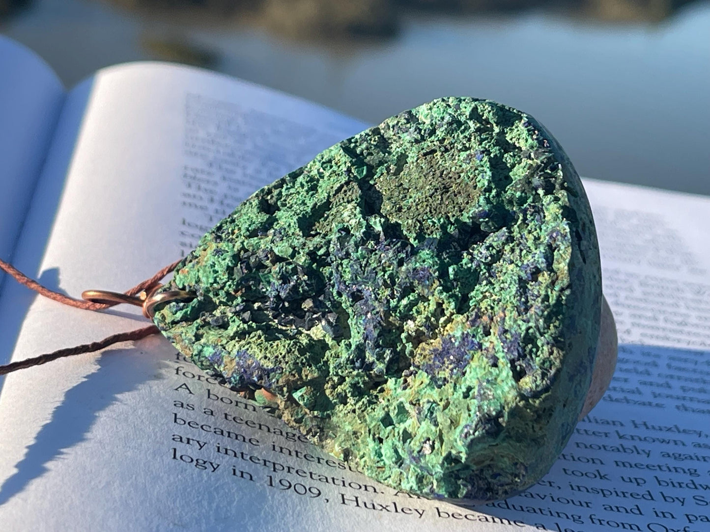 Very large azurite malachite necklace wrapped in recycled copper. Ethical jewellery, large gemstone jewellery, unusual necklaces.