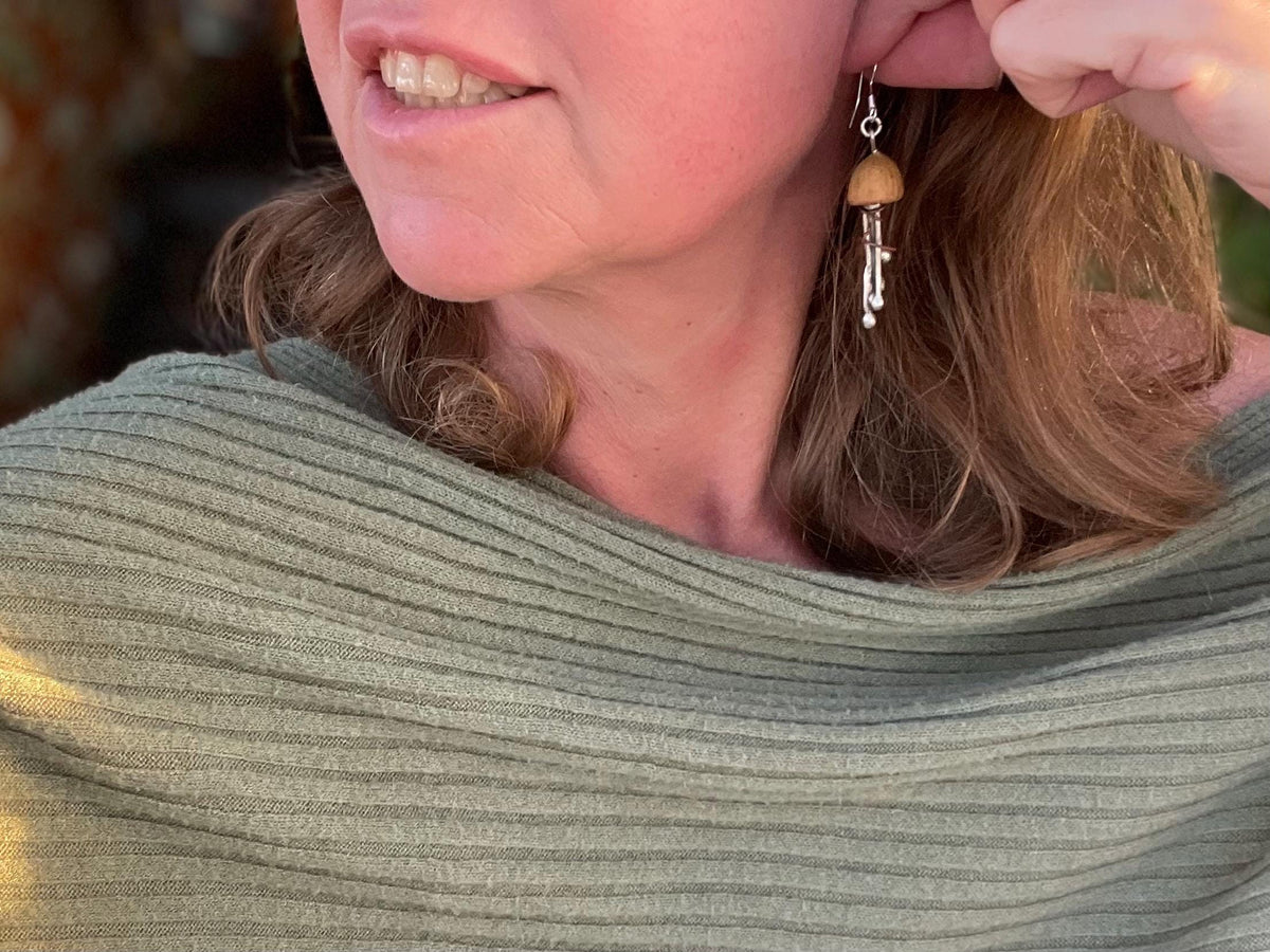 Jellyfish earrings made from recycled copper, brass & eucalyptus seeds. Jellyfish jewellery. Handmade earrings. Eco friendly jewellery
