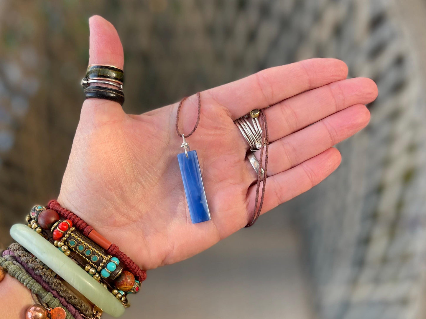 Blue onyx gemstone necklace. Eco friendly blue gemstone pendant. Ethical jewellery, blue jewellery. Handmade onyx jewellery.