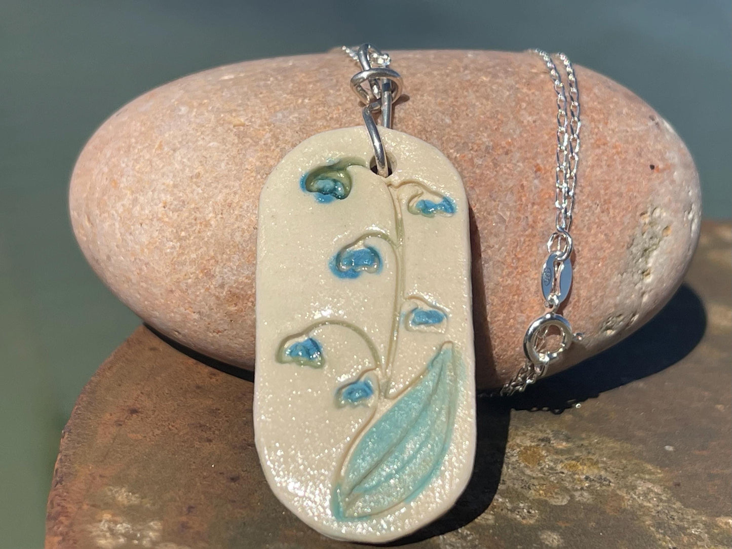 Handmade bluebell necklace. Eco friendly jewellery. Ethical pendants made with waste clay and recycled sterling silver. Ethical jewellery.
