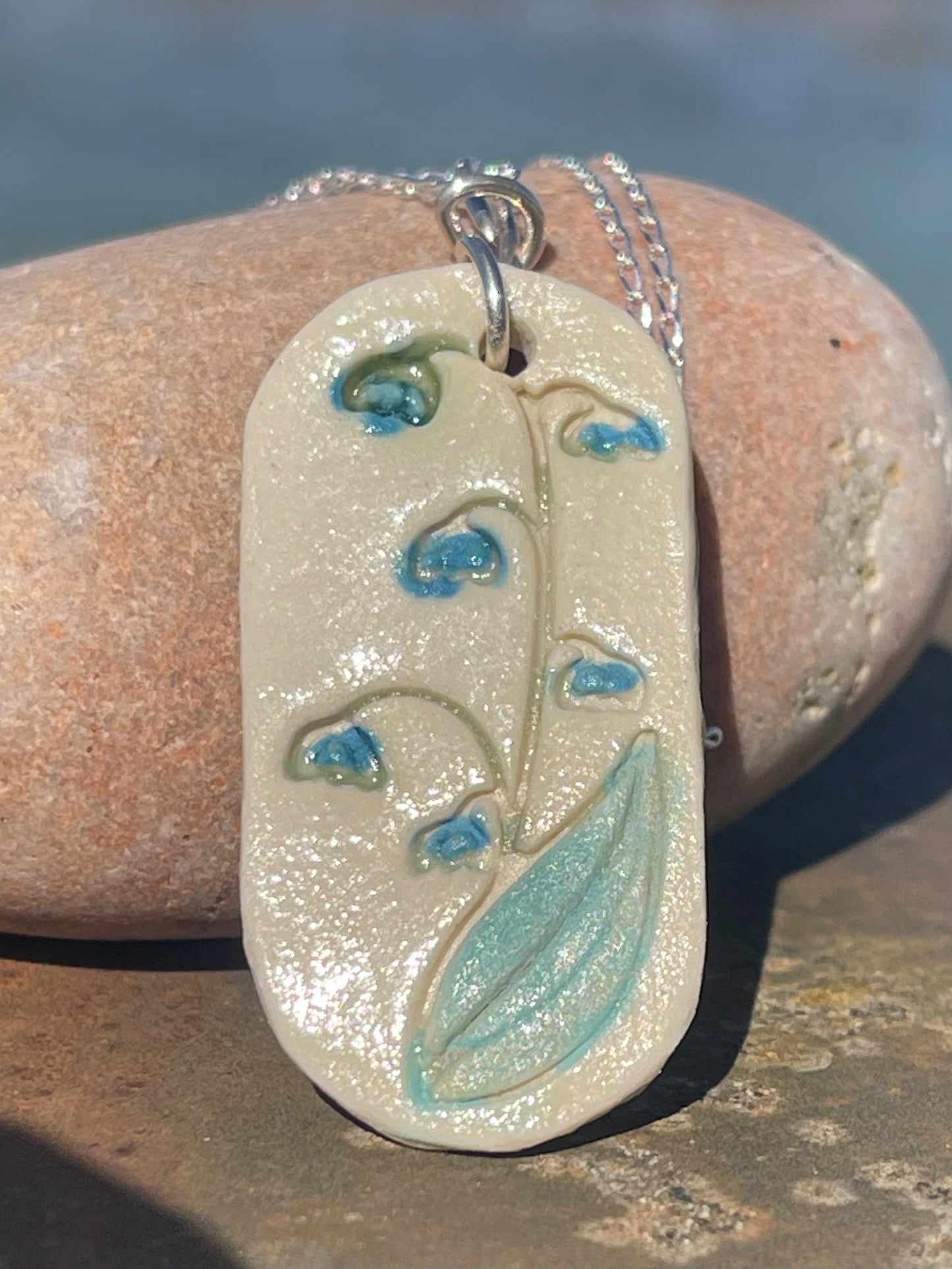 Handmade bluebell necklace. Eco friendly jewellery. Ethical pendants made with waste clay and recycled sterling silver. Ethical jewellery.