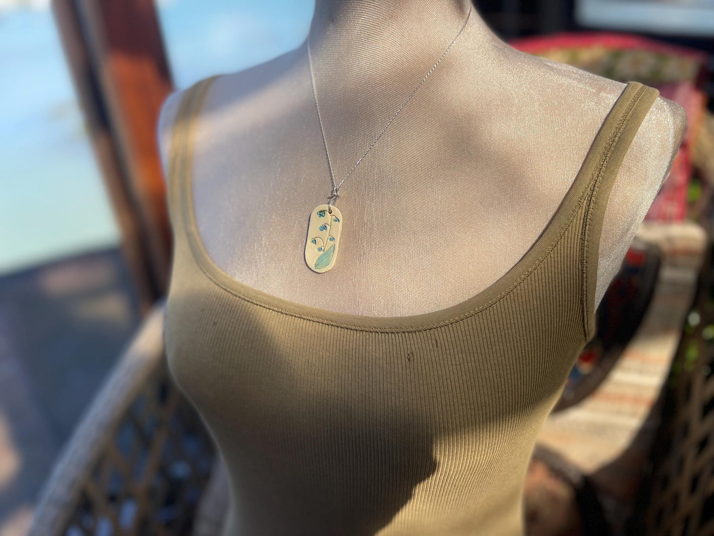 Handmade bluebell necklace. Eco friendly jewellery. Ethical pendants made with waste clay and recycled sterling silver. Ethical jewellery.
