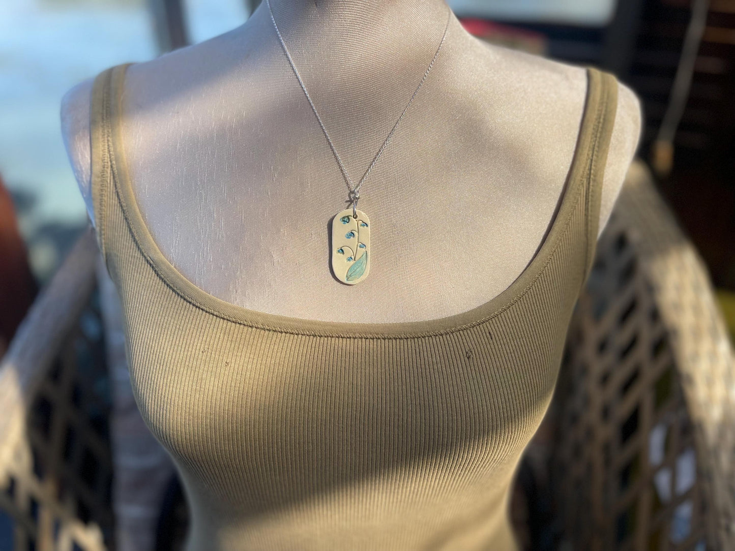 Handmade bluebell necklace. Eco friendly jewellery. Ethical pendants made with waste clay and recycled sterling silver. Ethical jewellery.