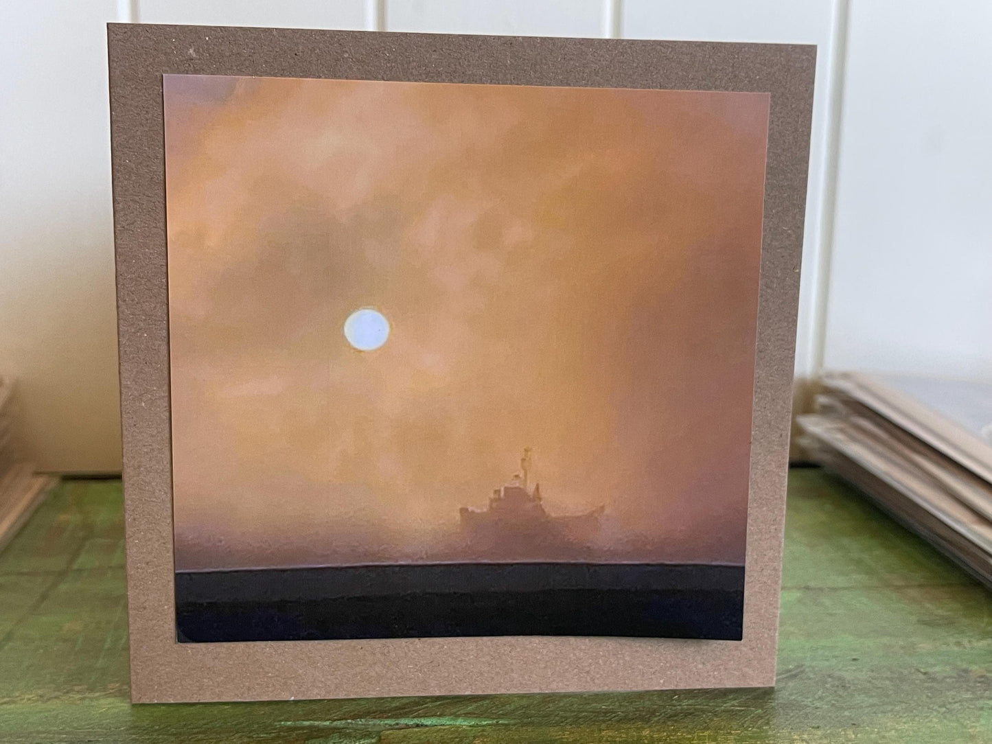 Handmade card of a boat on a foggy day. Ethical recycled card, seaside card, boat card, eco friendly cards, eco card, recycled card.