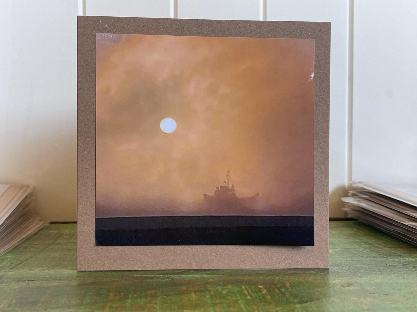 Handmade card of a boat on a foggy day. Ethical recycled card, seaside card, boat card, eco friendly cards, eco card, recycled card.