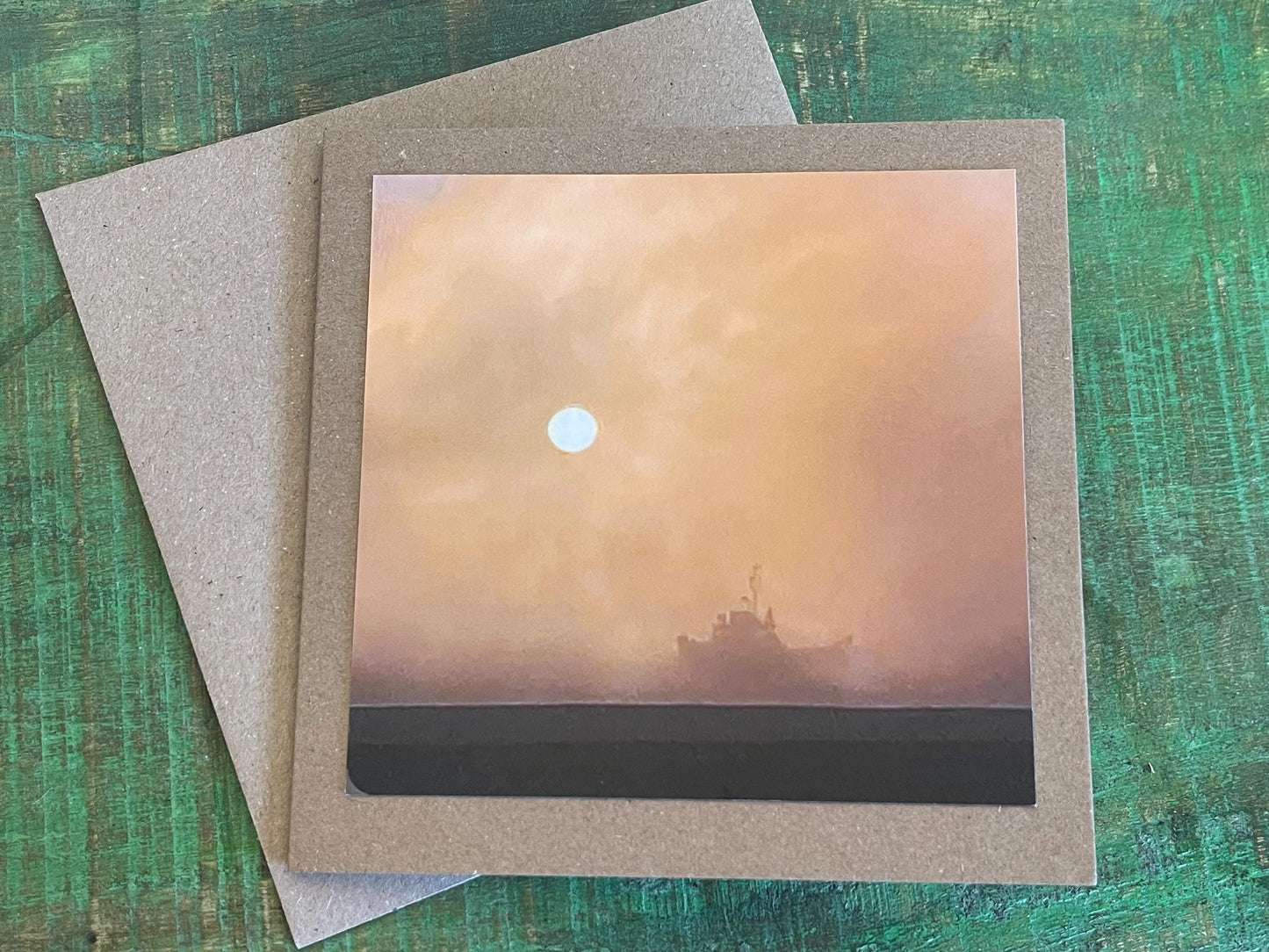 Handmade card of a boat on a foggy day. Ethical recycled card, seaside card, boat card, eco friendly cards, eco card, recycled card.