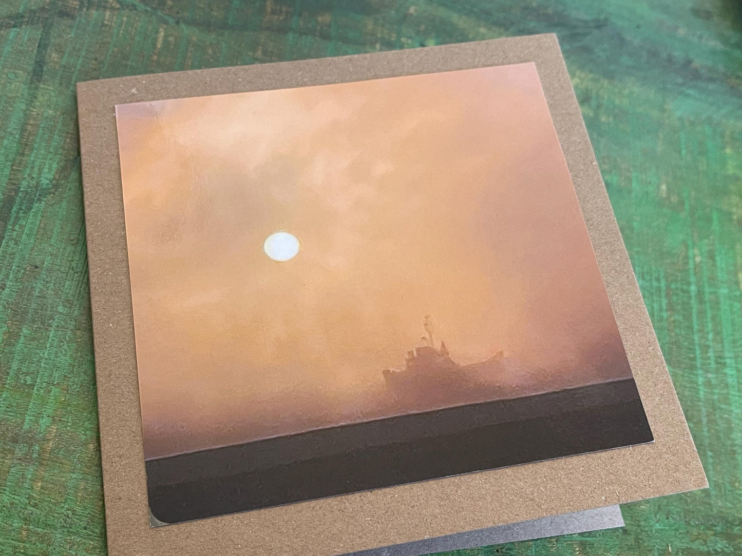 Handmade card of a boat on a foggy day. Ethical recycled card, seaside card, boat card, eco friendly cards, eco card, recycled card.
