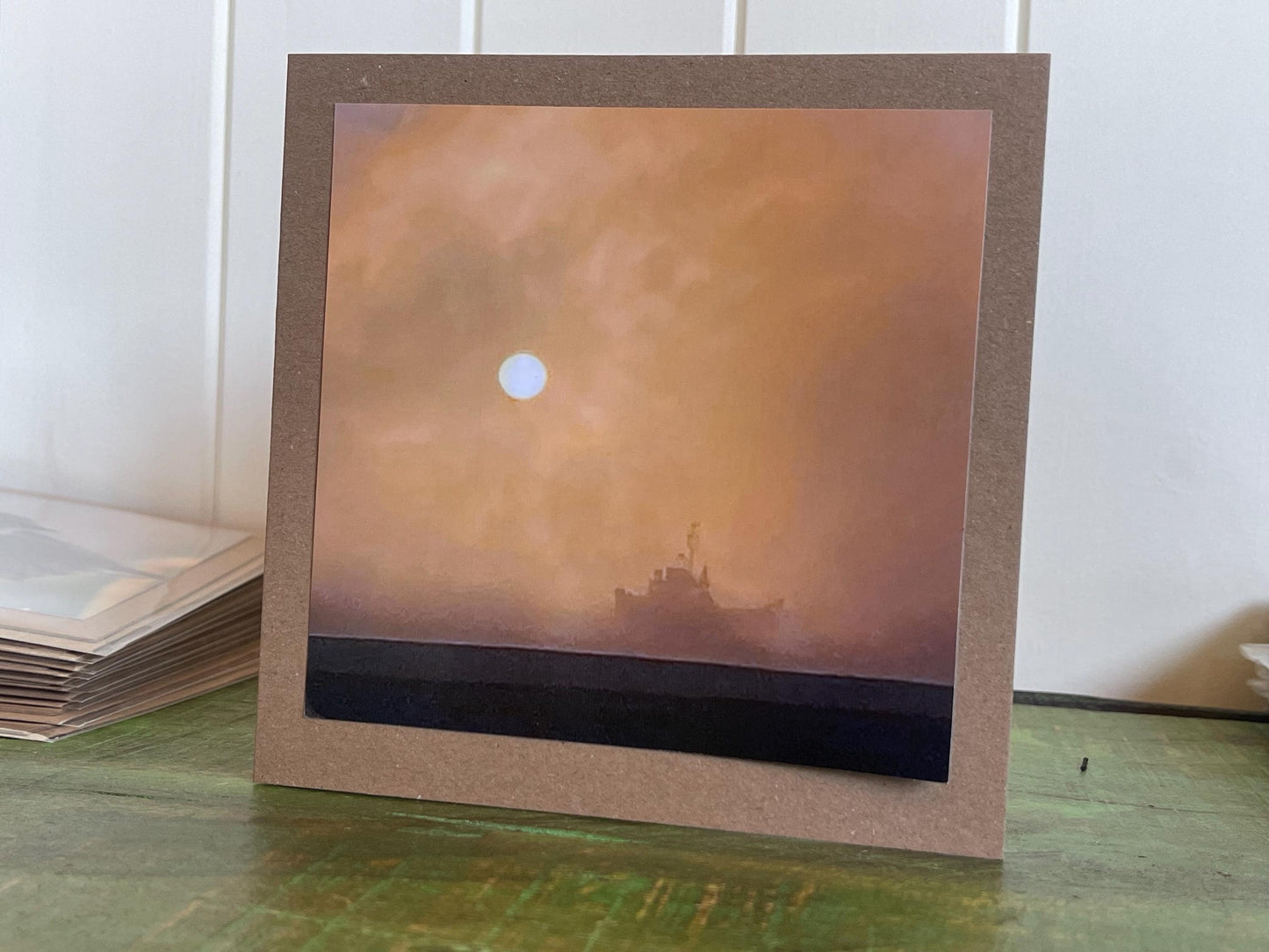 Handmade card of a boat on a foggy day. Ethical recycled card, seaside card, boat card, eco friendly cards, eco card, recycled card.