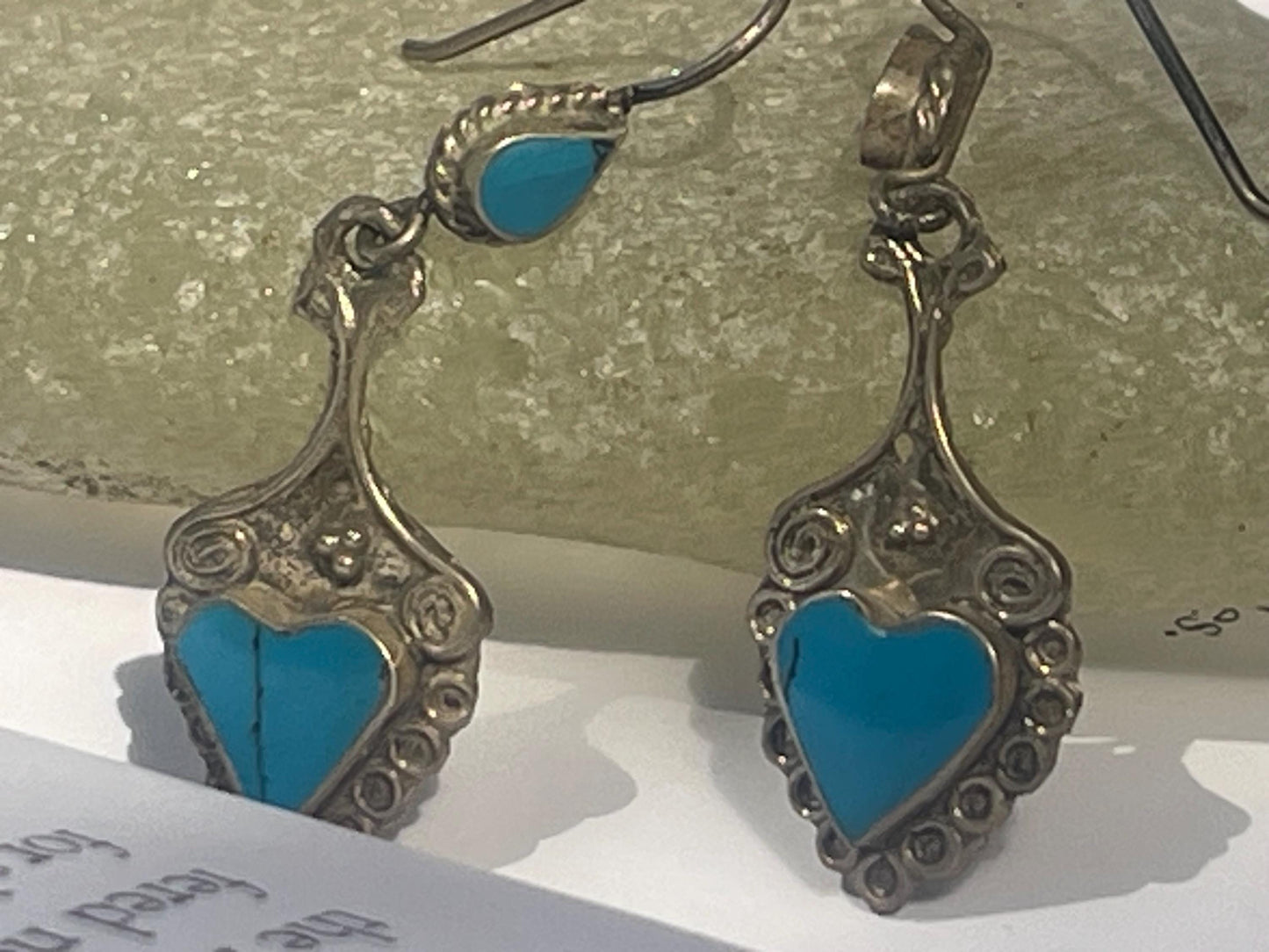 Vintage heart earrings, silver heart jewellery, blue hearts, ethical jewellery, gypsy earrings. Eco friendly jewellery. Ethical jewellery.