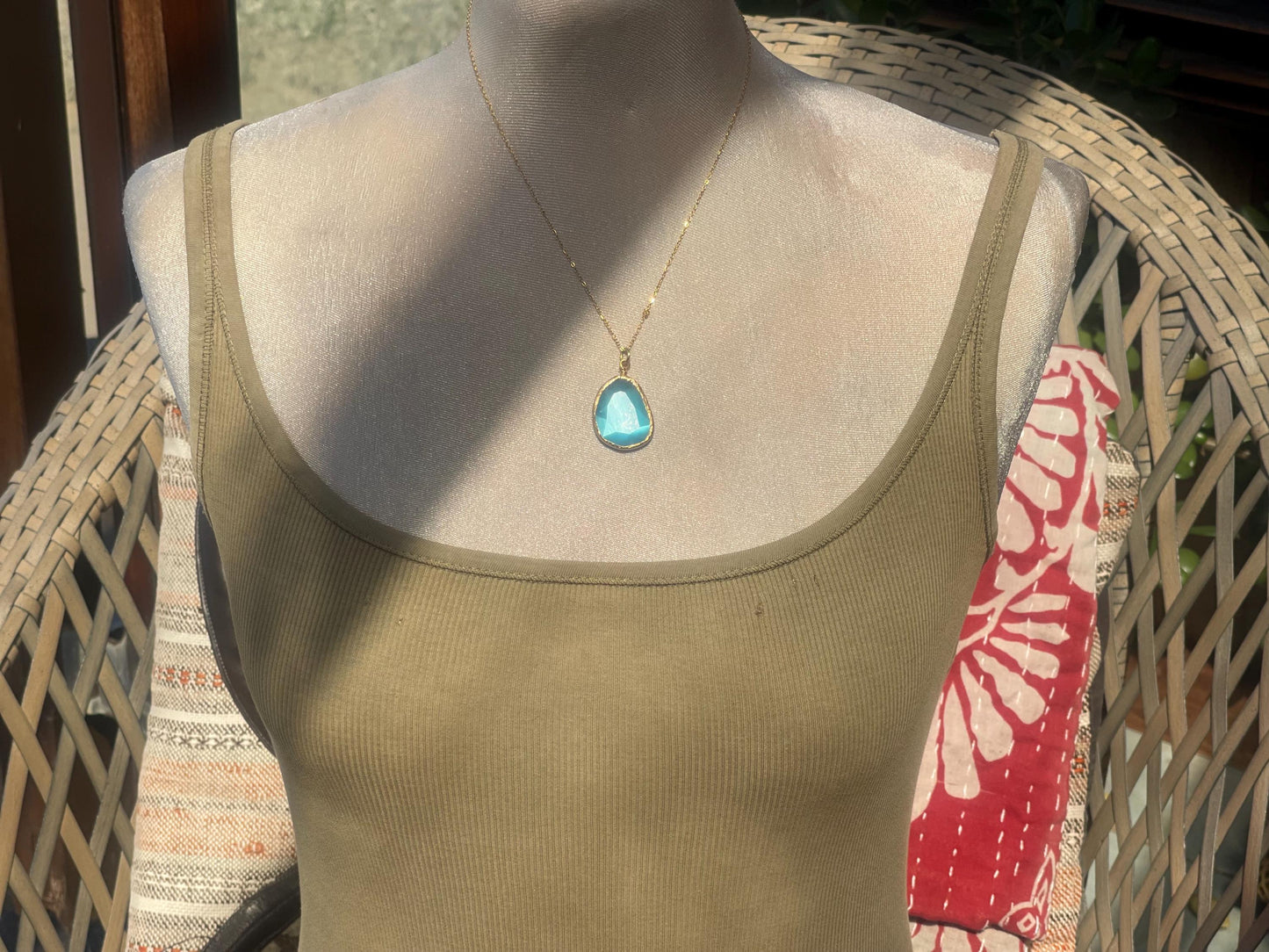 Stunning blue necklace on a recycled adjustable chain. Unusual and beautiful jewellery. Ethical, sustainable and eco friendly.