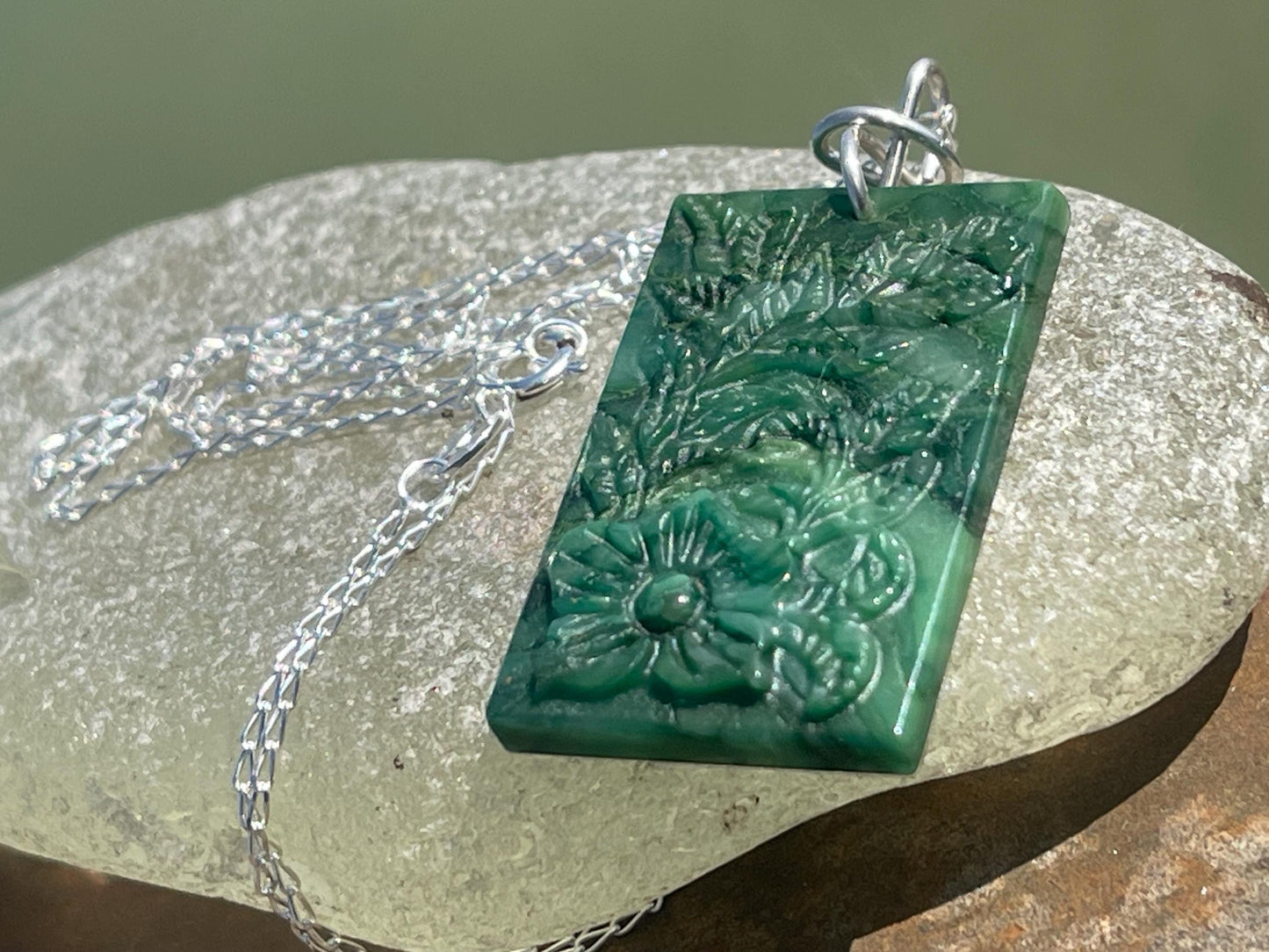 Carved jade necklace. Jade pendant. Unusual green gemstone necklace. Boho jewellery. Handmade jade jewellery.