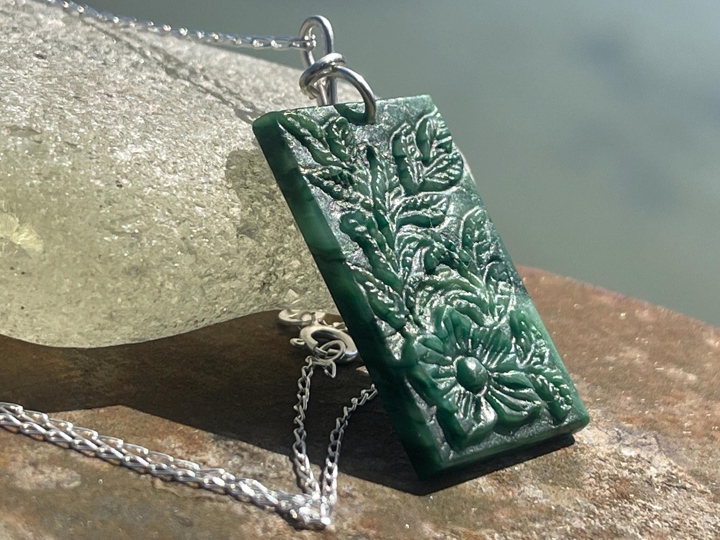Carved jade necklace. Jade pendant. Unusual green gemstone necklace. Boho jewellery. Handmade jade jewellery.