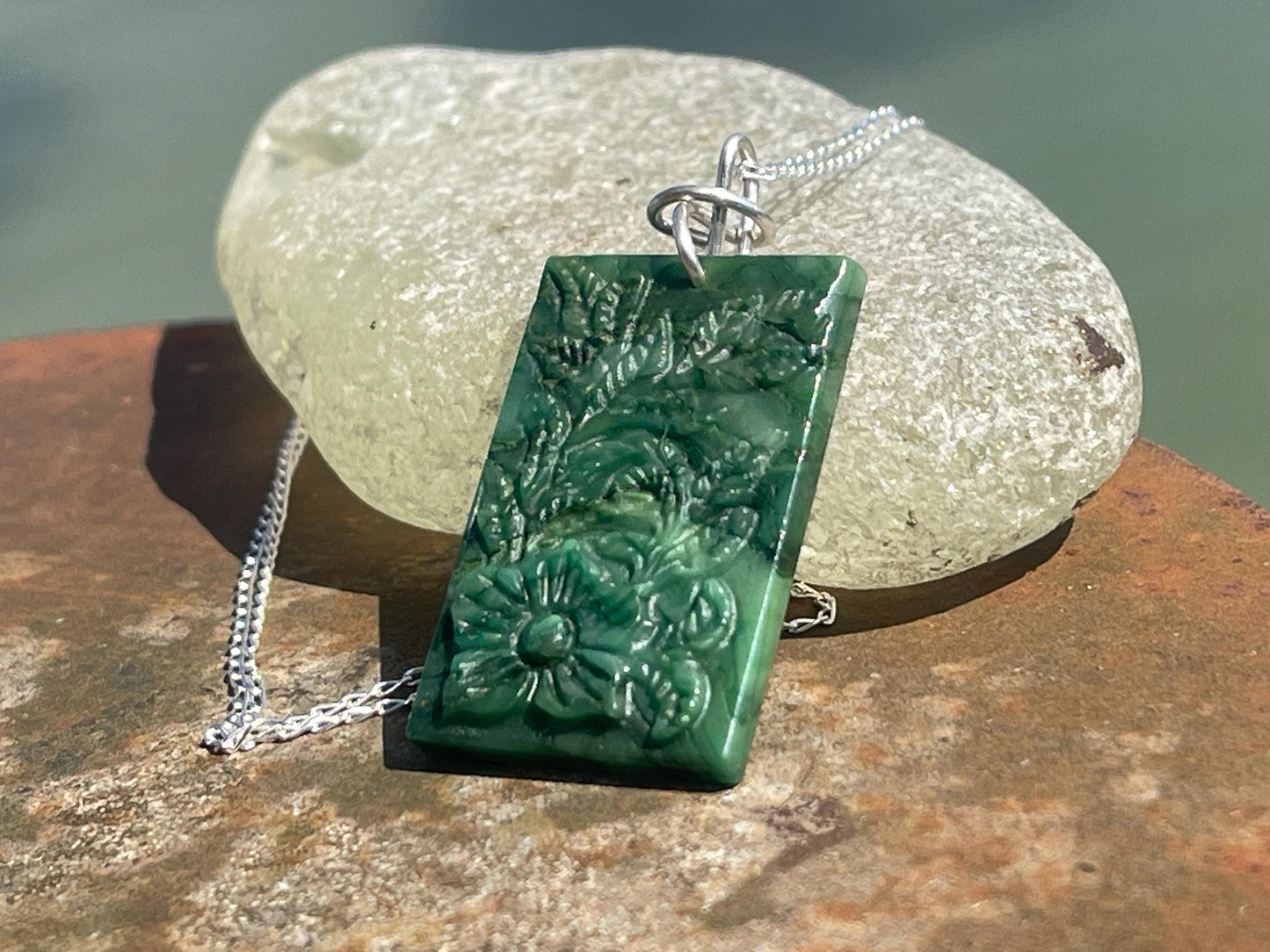 Carved jade necklace. Jade pendant. Unusual green gemstone necklace. Boho jewellery. Handmade jade jewellery.