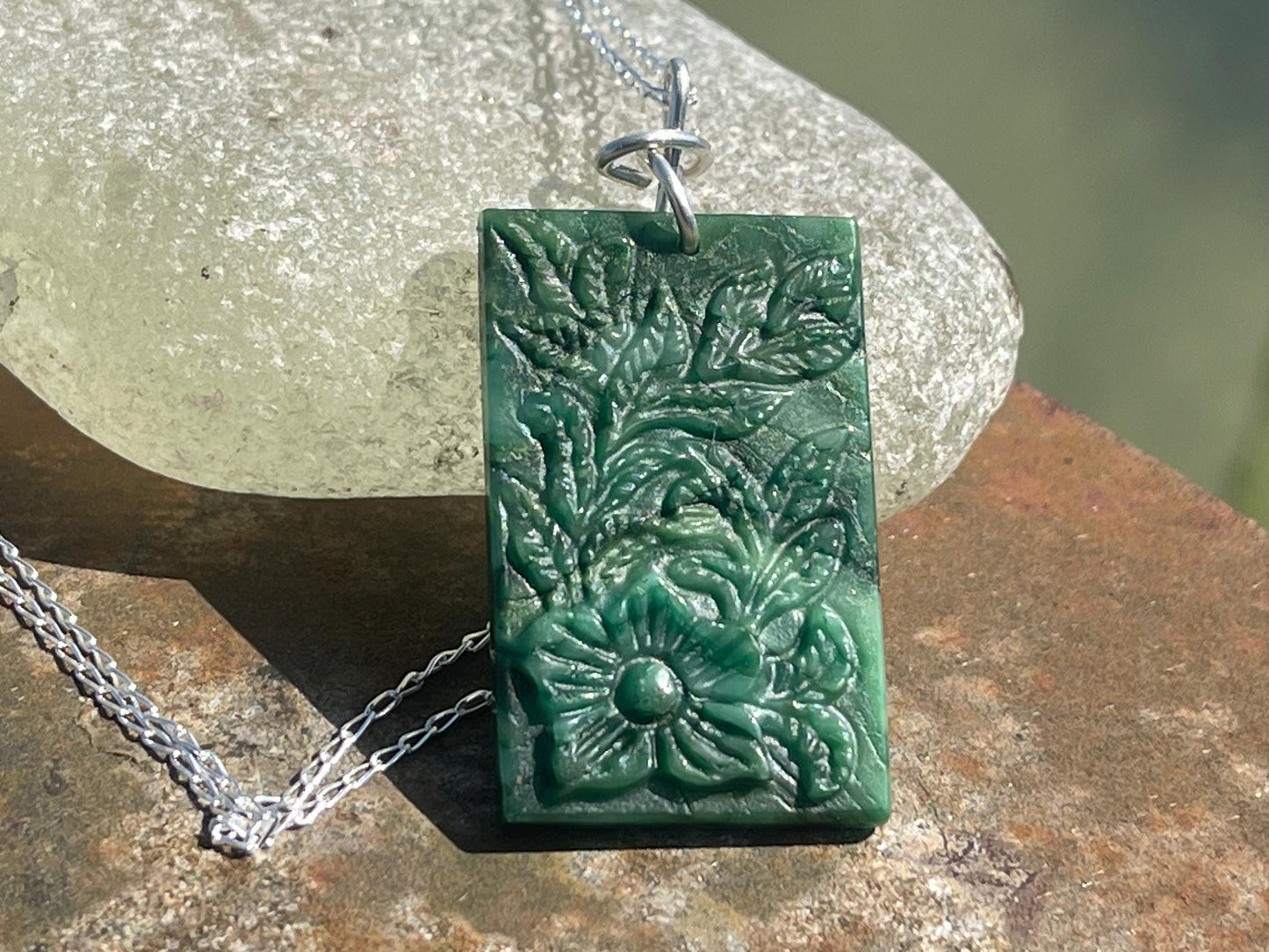 Carved jade necklace. Jade pendant. Unusual green gemstone necklace. Boho jewellery. Handmade jade jewellery.