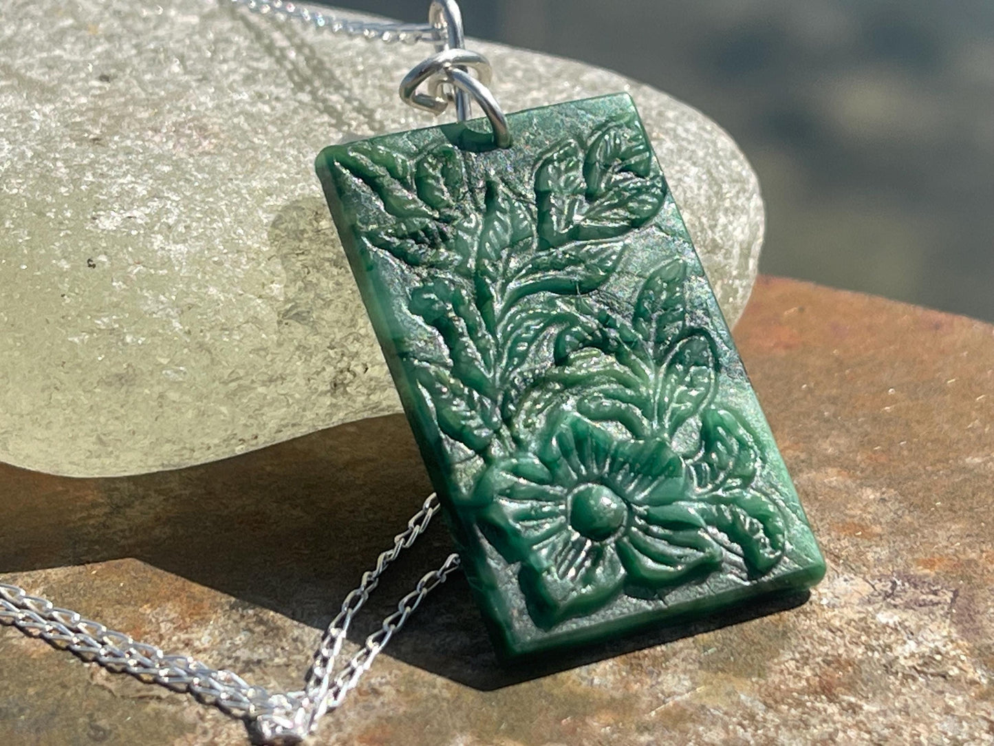 Carved jade necklace. Jade pendant. Unusual green gemstone necklace. Boho jewellery. Handmade jade jewellery.